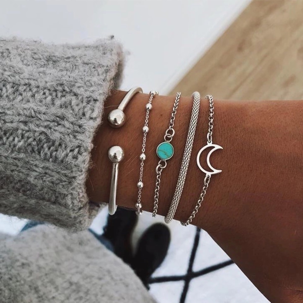 Silver turquoise moon stacked boho bracelets set